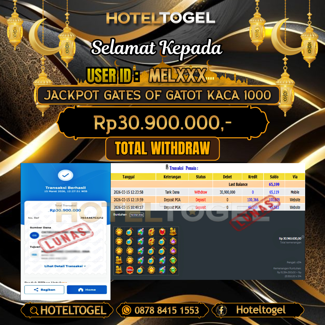 HOTELTOGEL JACKPOT SLOT GATES OF GATOT KACA 1000 Rp.30.900.000 - LUNAS USER ID : MEL***