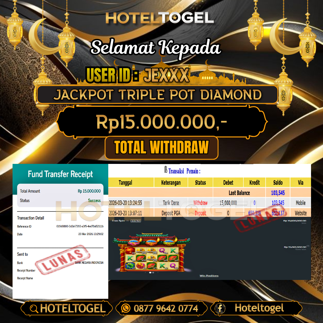 HOTELTOGEL JACKPOT SLOT TRIPLE POT DIAMOND Rp.15.000.000 - LUNAS USER ID : JE***