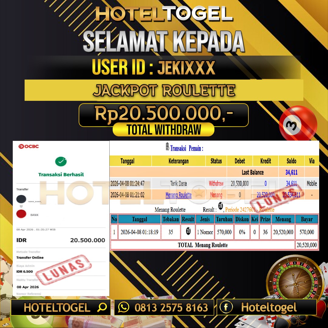 HOTELTOGEL JACKPOT CASINO ROULETTE Rp.20.500.000 - LUNAS USER ID : JEKI***