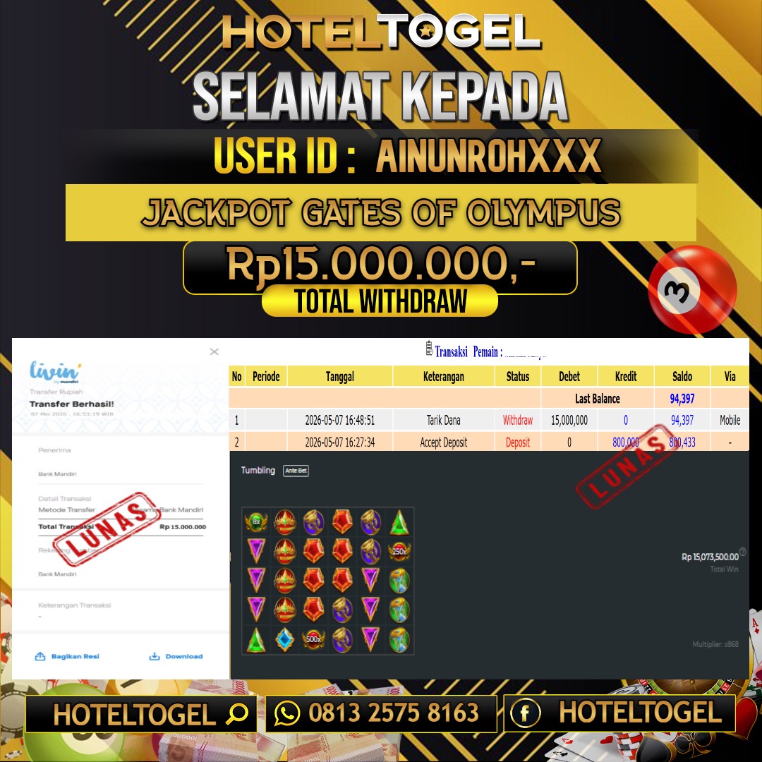 HOTELTOGEL JACKPOT SLOT GATES OF OLYMPUS Rp.15.000.000 - LUNAS USER ID : AINUNROH****