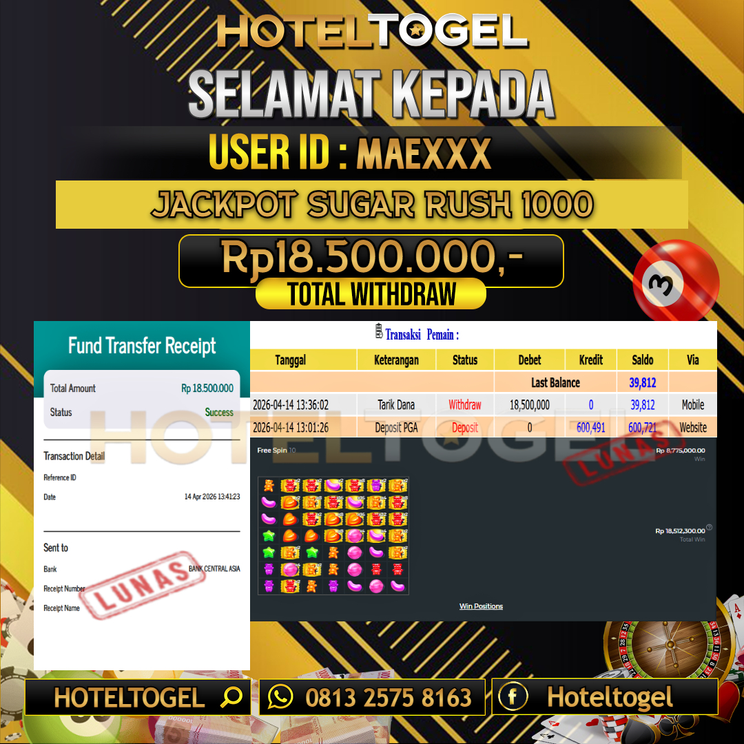 HOTELTOGEL JACKPOT SLOT SUGAR RUSH 1000 Rp.18.500.000 - LUNAS USER ID : MAE***