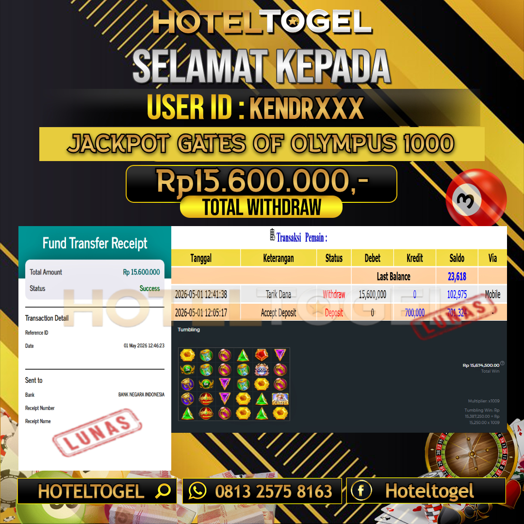 HOTELTOGEL JACKPOT SLOT GATES OF OLYMPUS 1000 Rp.15.600.000 - LUNAS USER ID : KENDR****