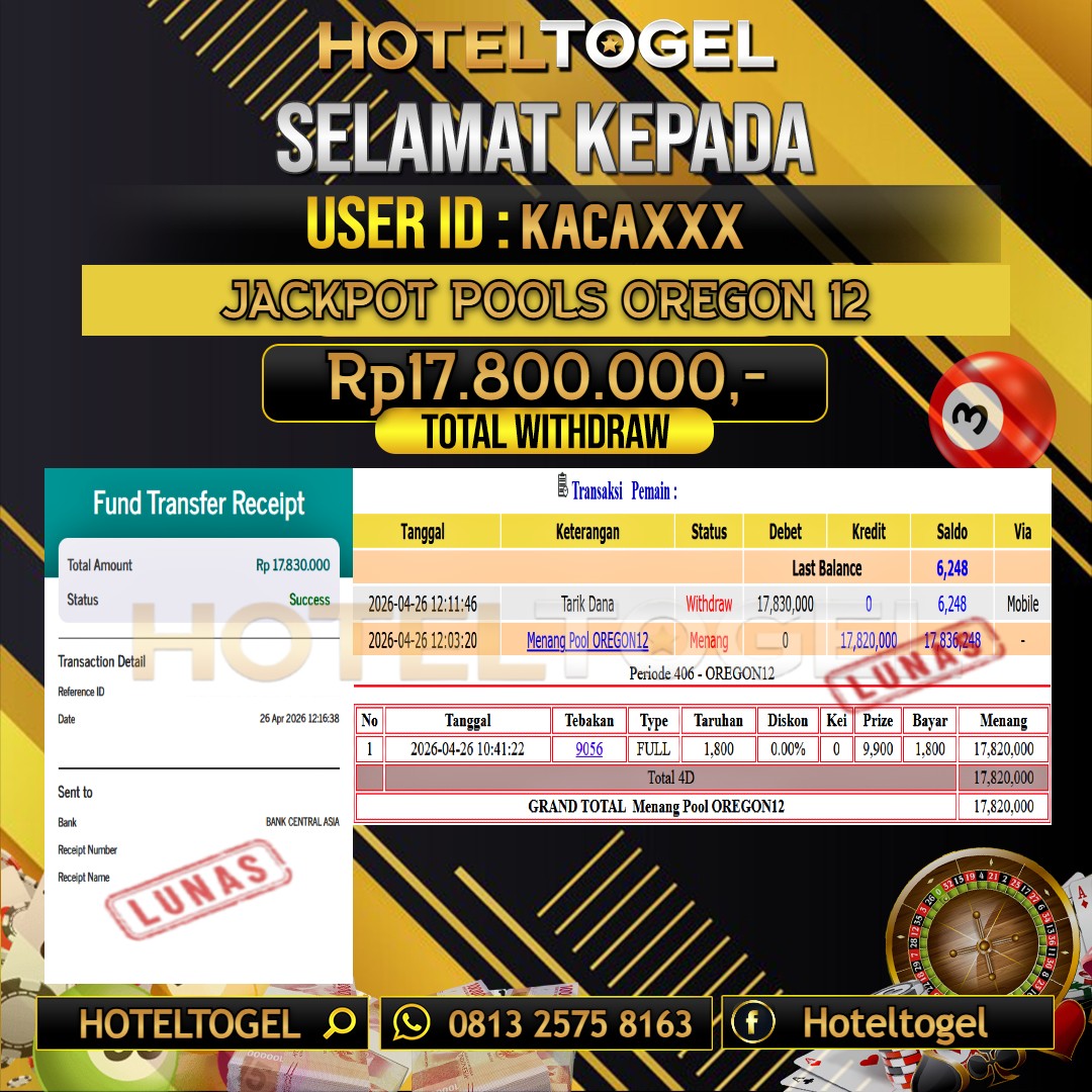HOTELTOGEL JACKPOT TOGEL OREGON 12 Rp.17.800.000 - LUNAS USER ID : KACA***