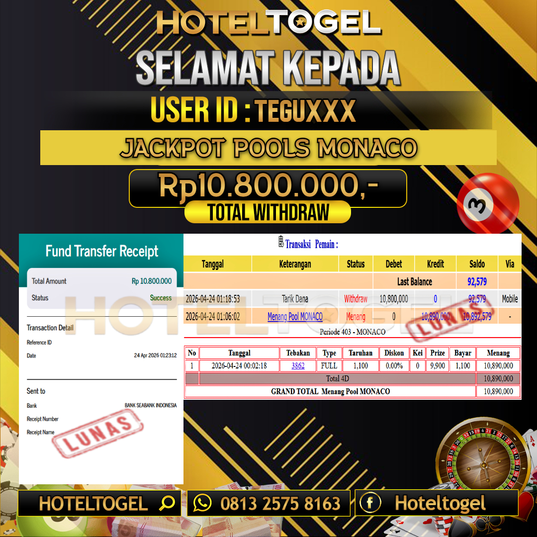 HOTELTOGEL JACKPOT TOGEL MONACO Rp.10.800.000 - LUNAS USER ID : TEGU***