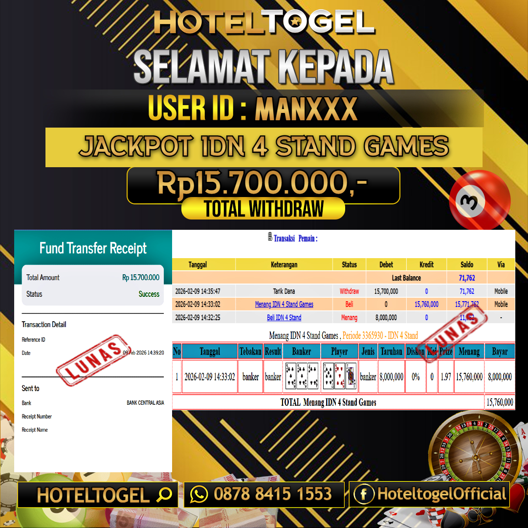 HOTELTOGEL JACKPOT CASINO IDN 4 STAND GAMES Rp.15.700.000 - LUNAS USER ID : MAN***
