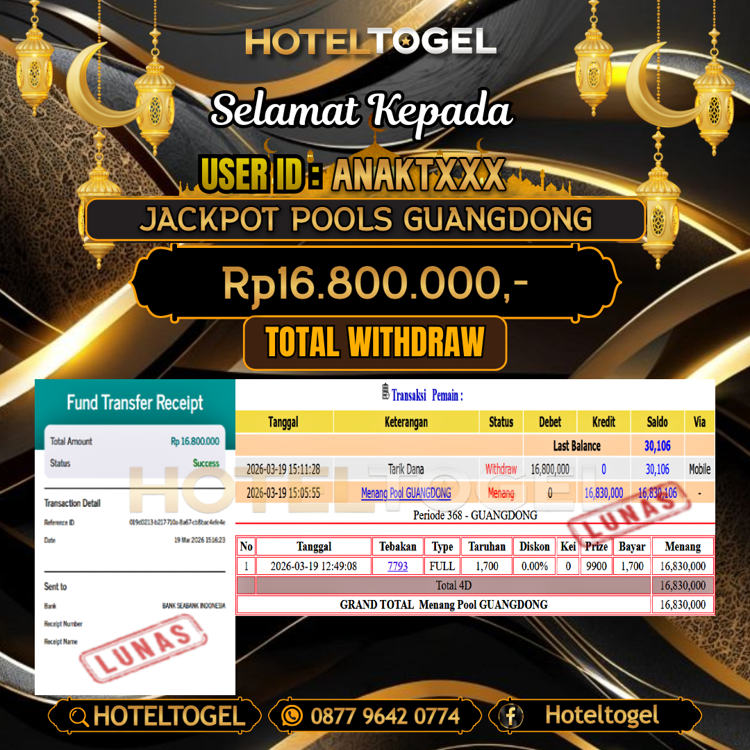 HOTELTOGEL JACKPOT TOGEL GUANGDONG Rp.16.800.000 - LUNAS USER ID : ANAKT***