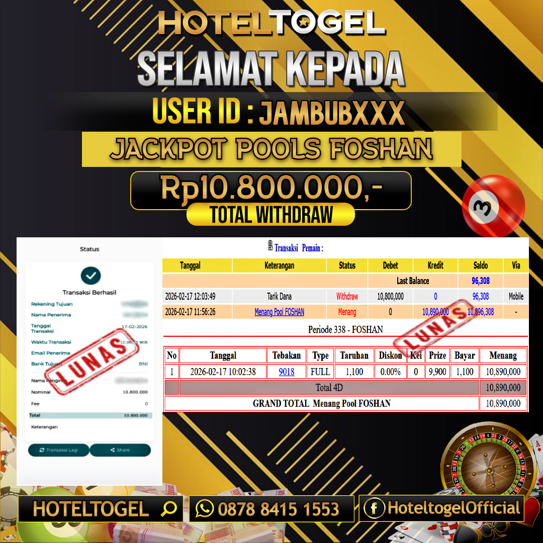 HOTELTOGEL JACKPOT TOGEL FOSHAN Rp.10.800.000 - LUNAS USER ID : JAMBUB***