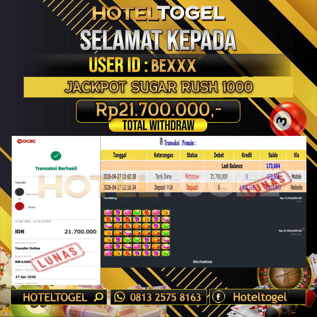 HOTELTOGEL JACKPOT SLOT SUGAR RUSH 1000 Rp.21.700.000 - LUNAS USER ID : BE***