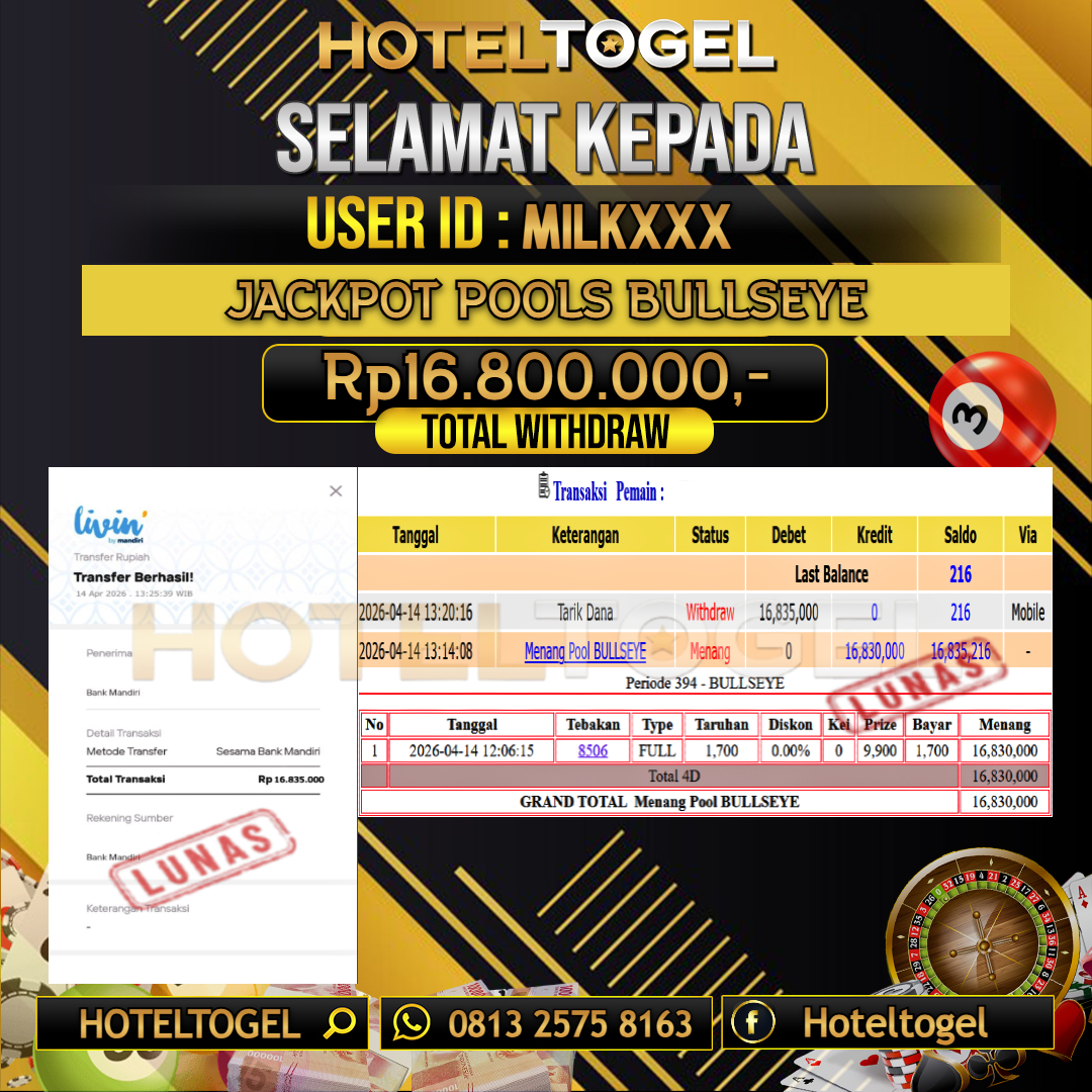 HOTELTOGEL JACKPOT TOGEL BULLSEYE Rp.16.800.000 - LUNAS USER ID : MILK***