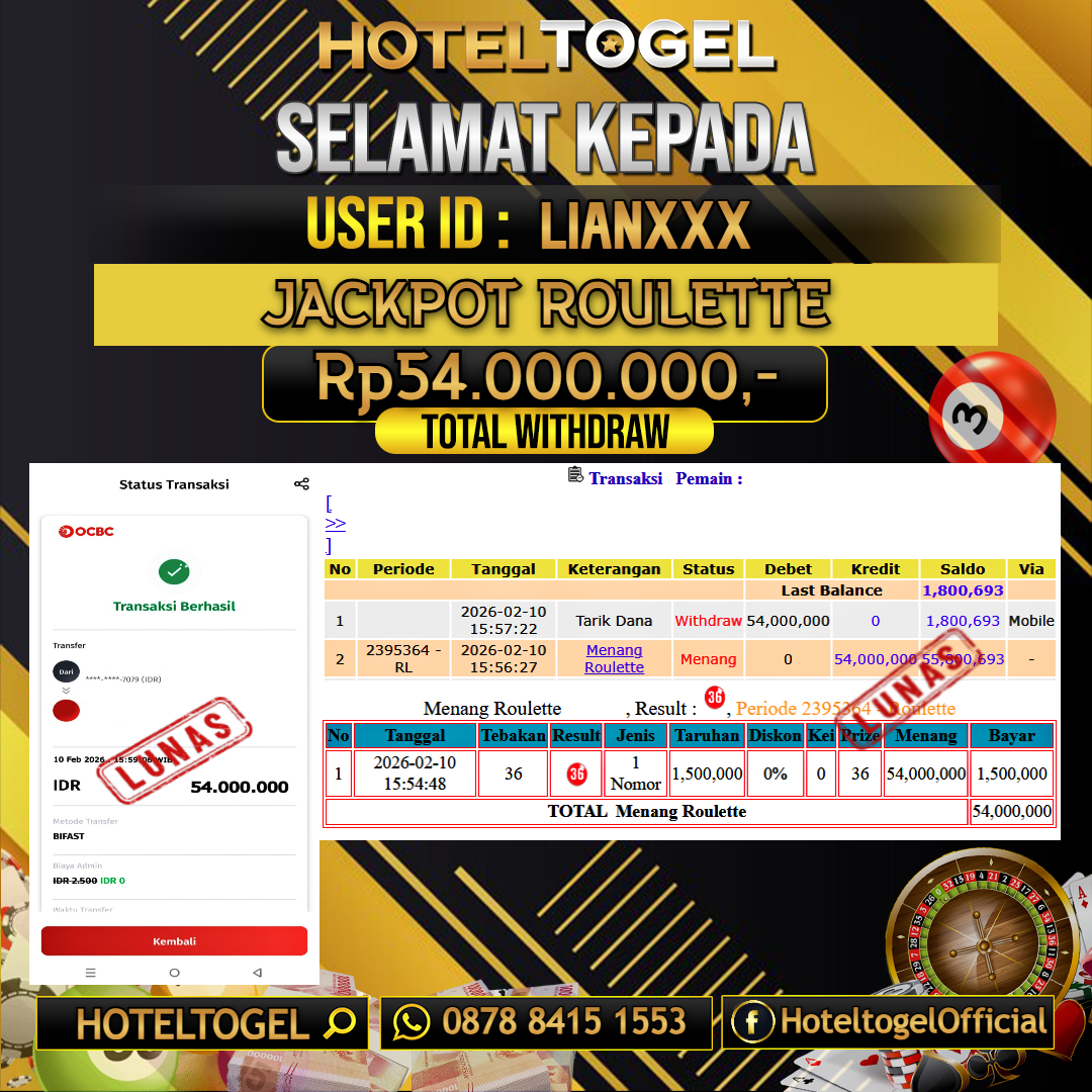 HOTELTOGEL JACKPOT CASINO ROULETTE Rp.54.000.000 - LUNAS USER ID : LIAN***