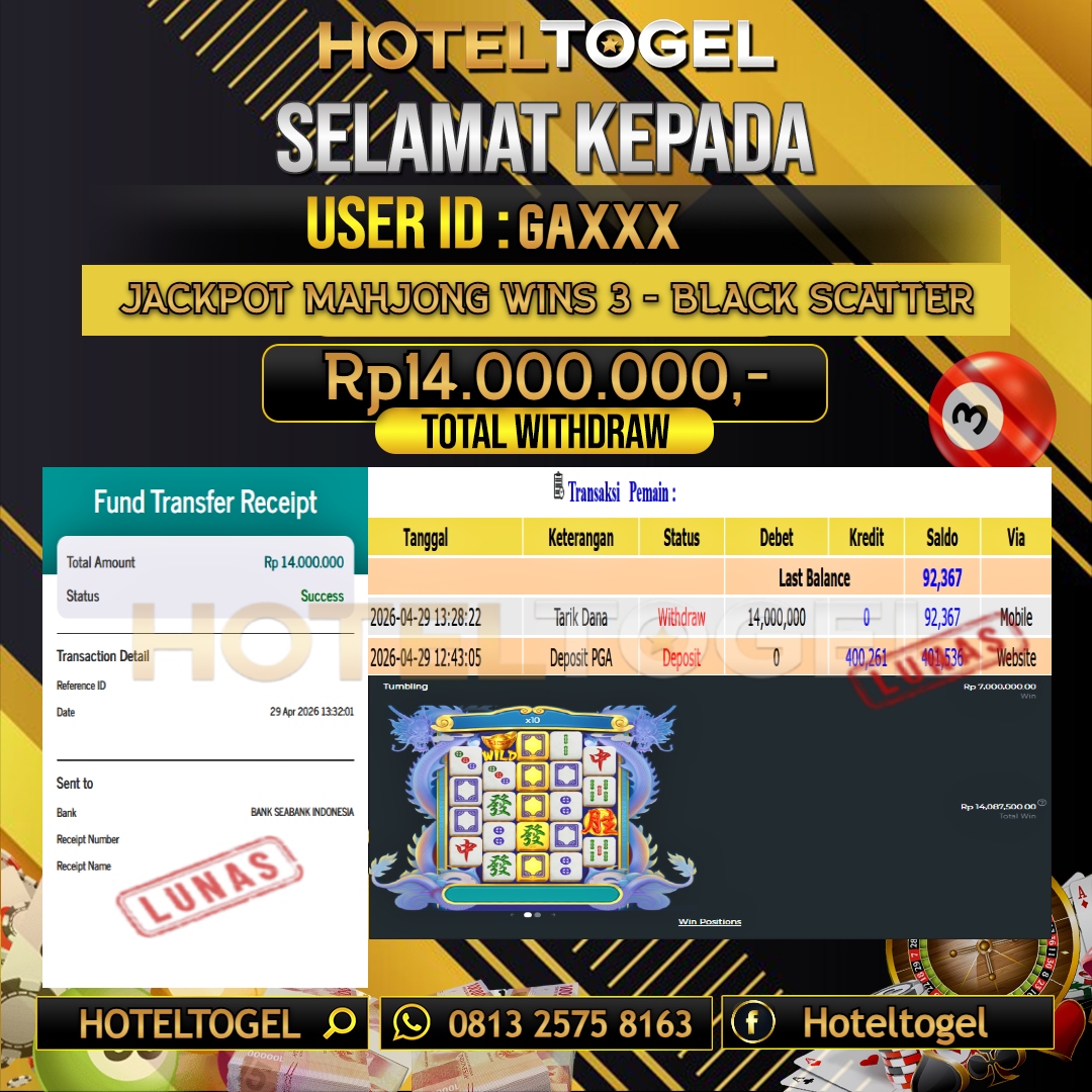 HOTELTOGEL JACKPOT SLOT MAHJONG WINS 3 - BLACK SCATTER Rp.14.000.000- LUNAS USER ID : GA***