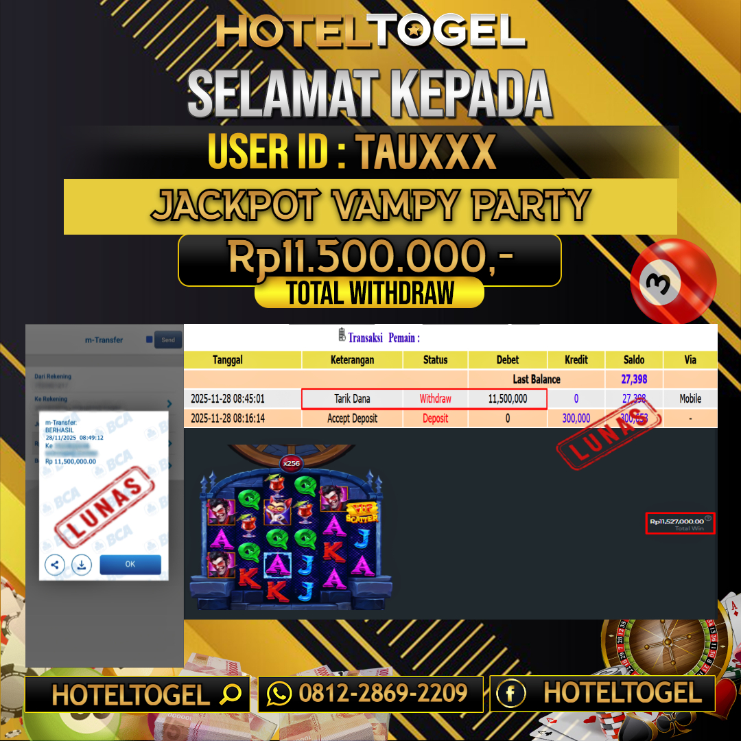HOTELTOGEL JACKPOT SLOT VAMPY PARTY Rp.11.500.000 - LUNAS USER ID : TAU***