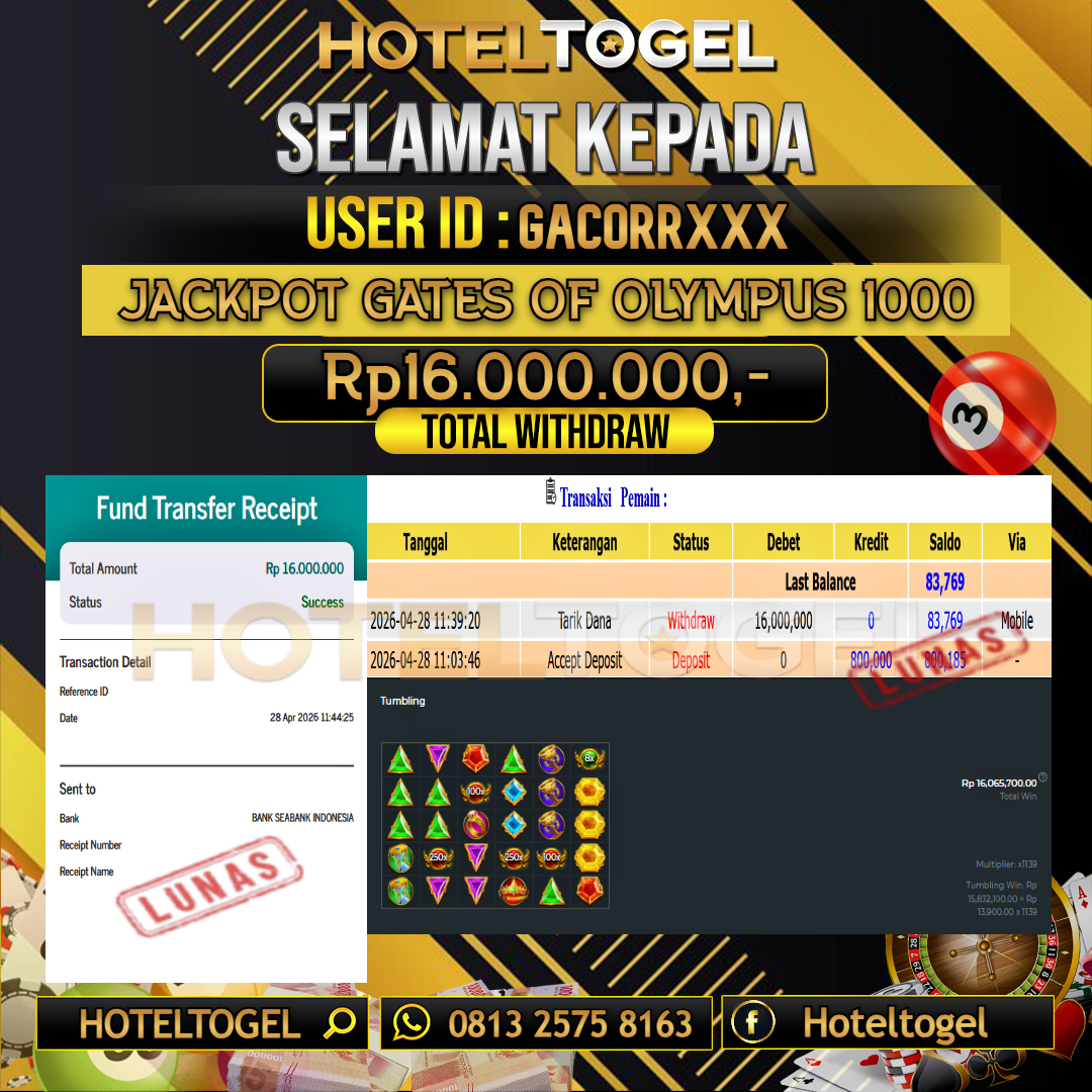 HOTELTOGEL JACKPOT SLOT GATES OF OLYMPUS 1000 Rp.16.000.000 - LUNAS USER ID : GACORR***