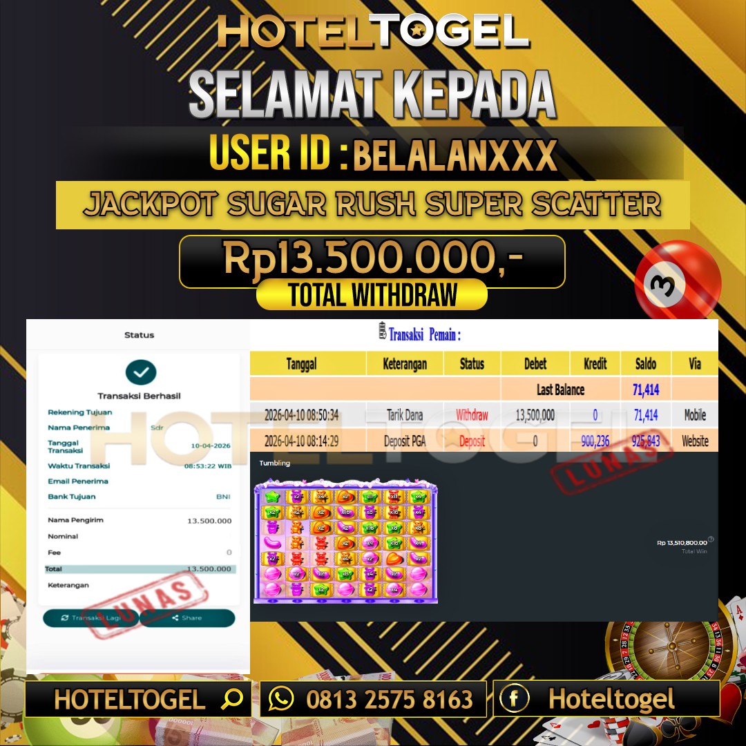 HOTELTOGEL JACKPOT SLOT SUGAR RUSH SUPER SCATTER Rp.13.500.000 - LUNAS USER ID : BELALAN***