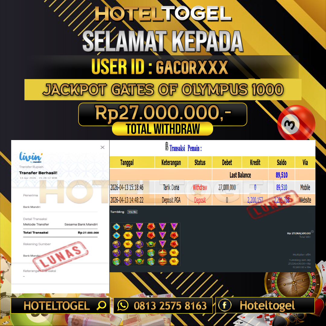 HOTELTOGEL JACKPOT SLOT GATES OF OLYMPUS 1000 Rp.27.000.000 - LUNAS USER ID : GACOR***