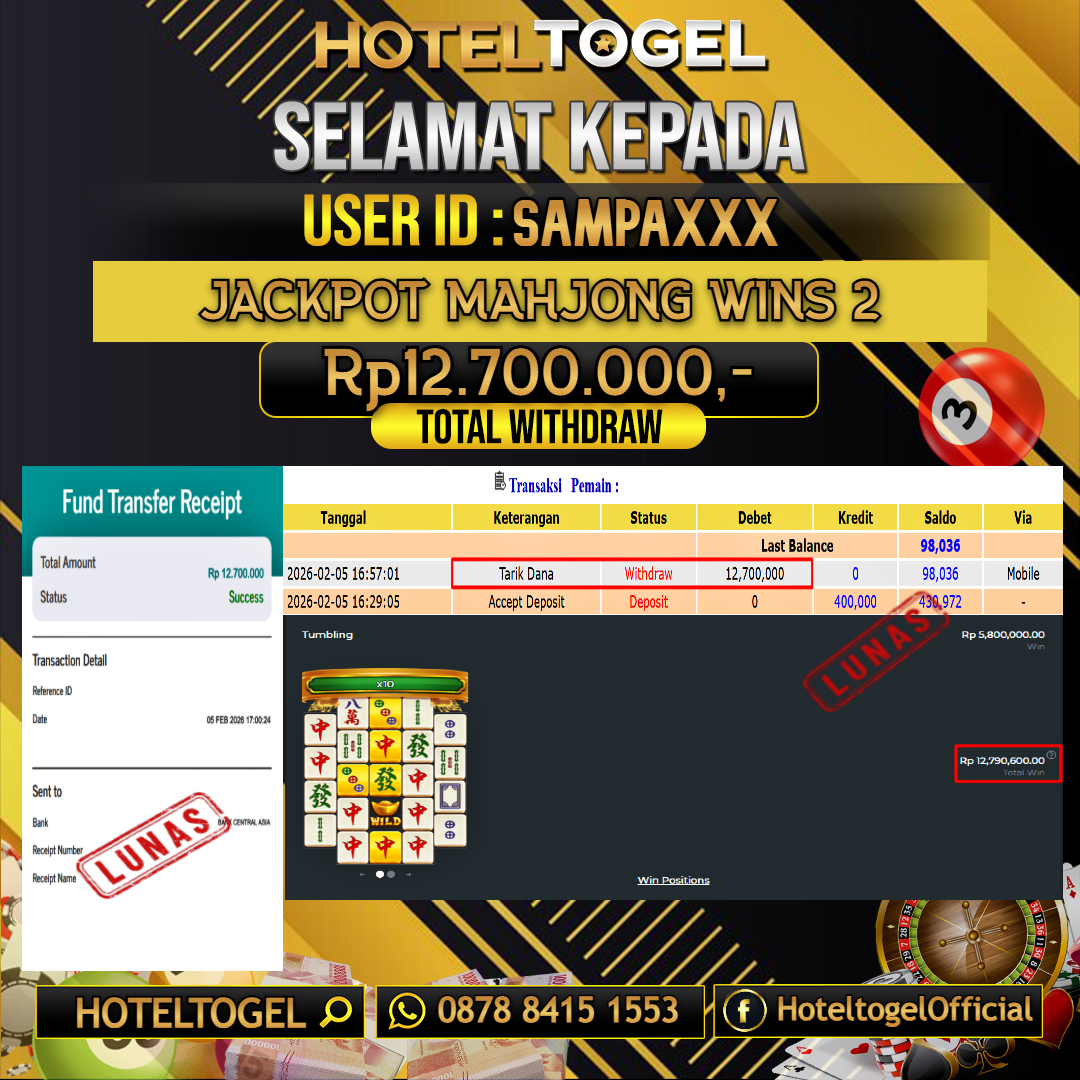 HOTELTOGEL JACKPOT SLOT MAHJONG WINS 2 Rp.12.700.000 - LUNAS USER ID : SAMPA***