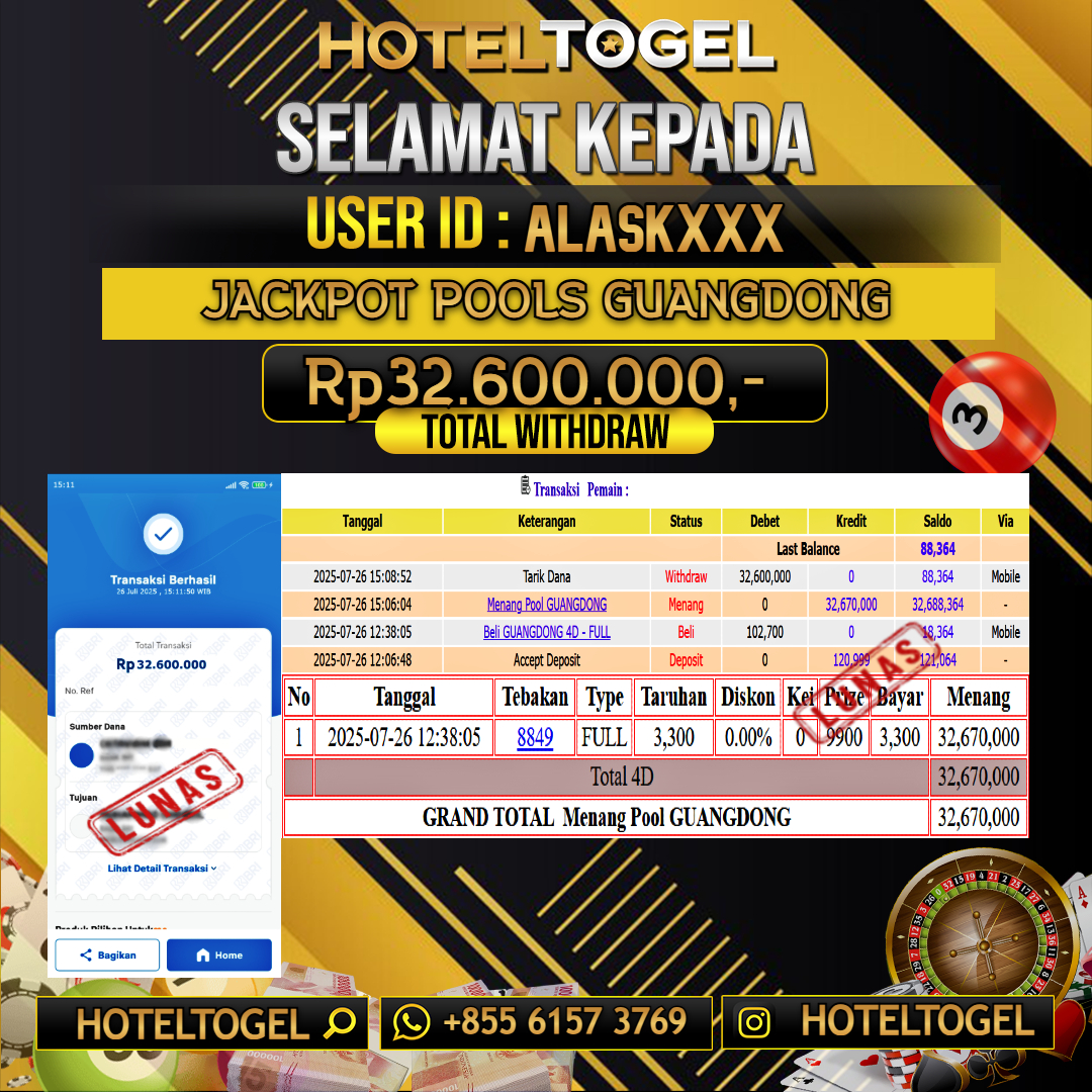 HOTELTOGEL JACKPOT TOGEL GUANGDONG Rp.32.600.000 - LUNAS USER ID : ALASK****
