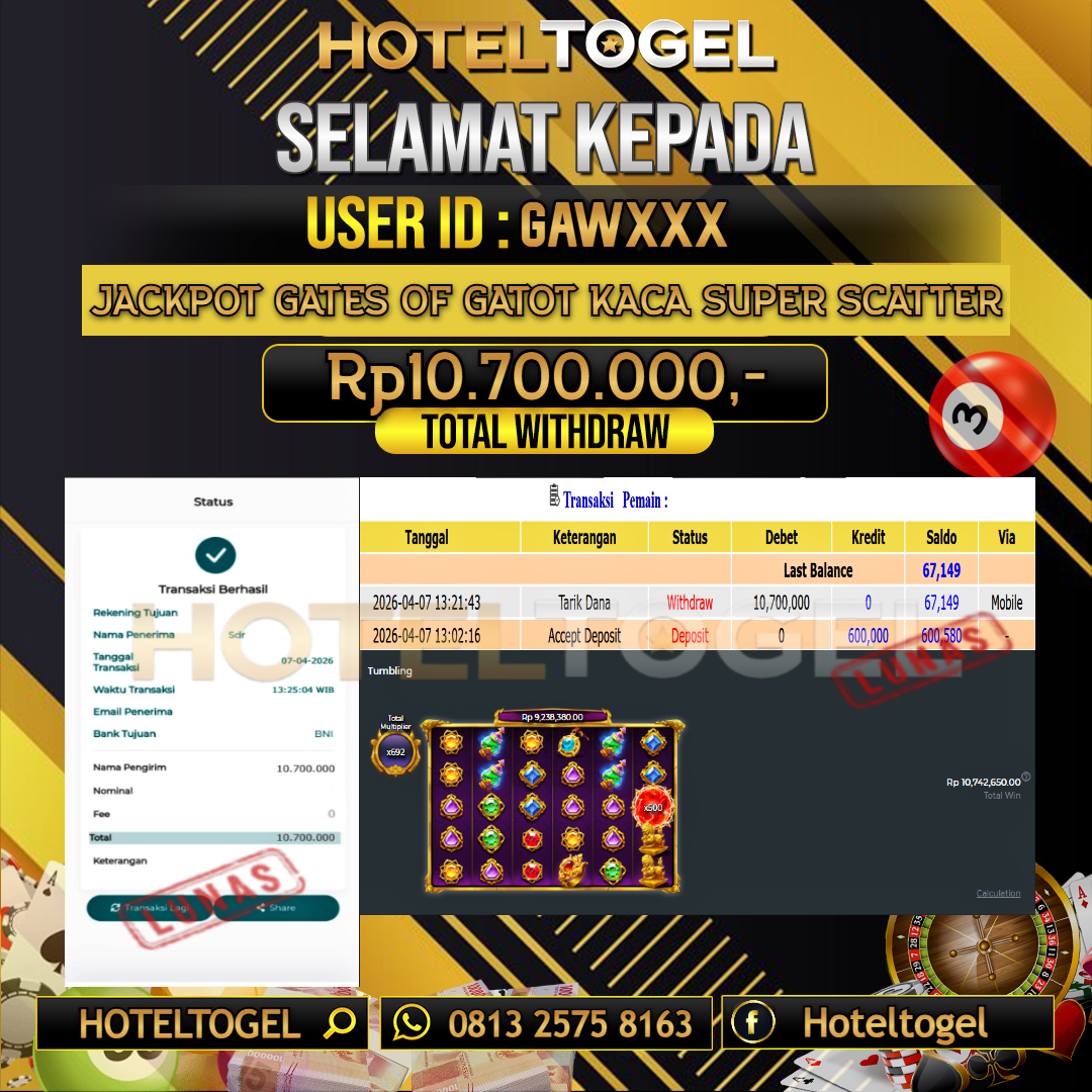 HOTELTOGEL JACKPOT SLOT GATES OF GATOT KACA SUPER SCATTER Rp.10.700.000 - LUNAS USER ID : GAW***