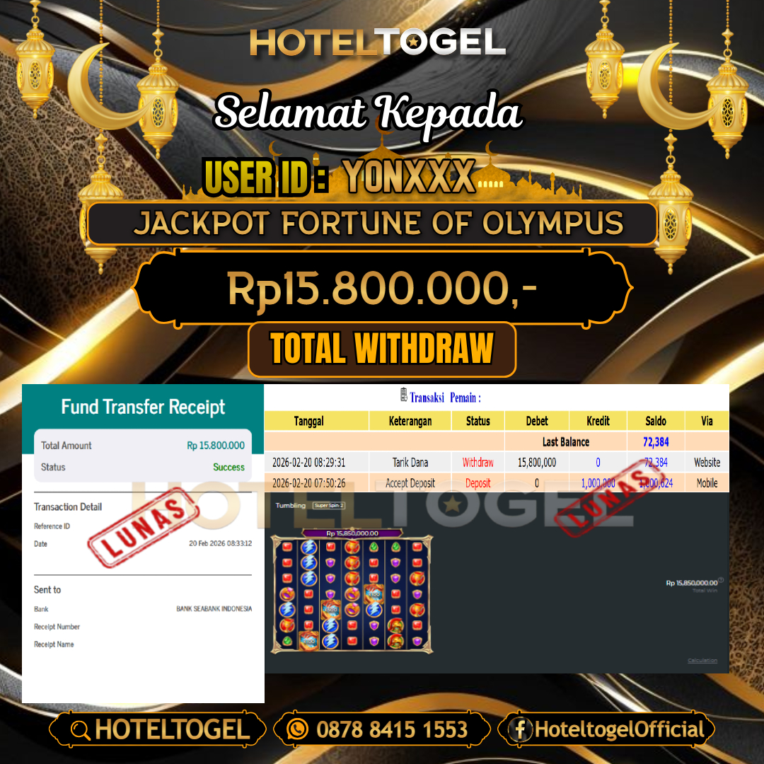 HOTELTOGEL JACKPOT SLOT FORTUNE OF OLYMPUS Rp.15.800.000 - LUNAS USER ID : YON***