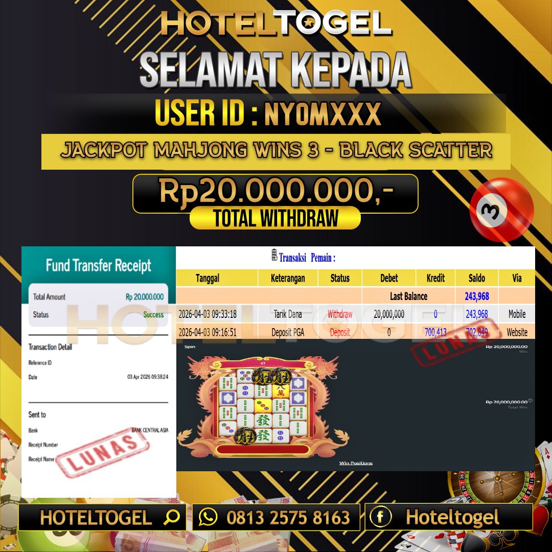 HOTELTOGEL JACKPOT SLOT MAHJONG WINS 3 - BLACK SCATTER Rp.20.000.000 - LUNAS USER ID : NYOM***