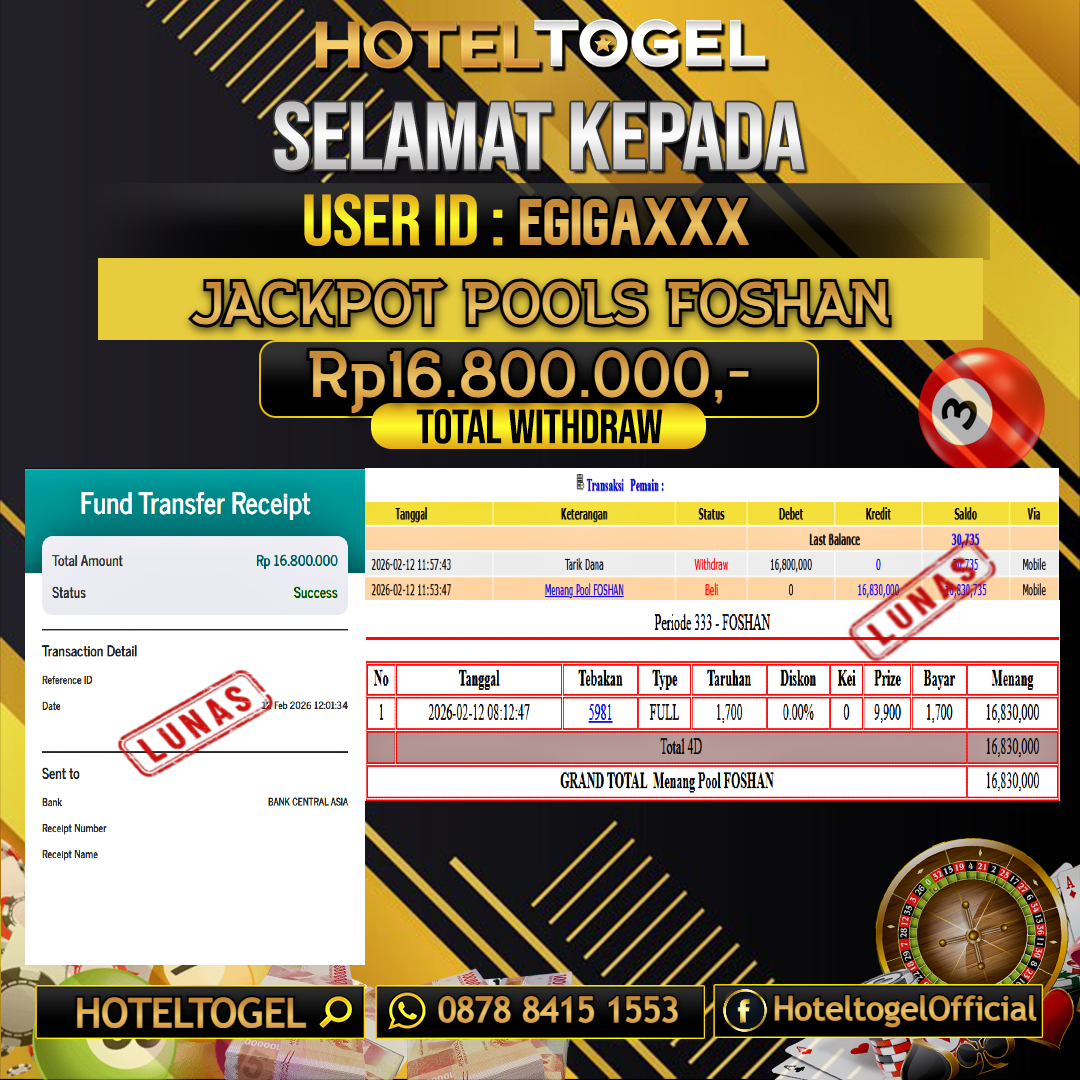 HOTELTOGEL JACKPOT TOGEL FOSHAN Rp.16.800.000 - LUNAS USER ID : EGIGA***