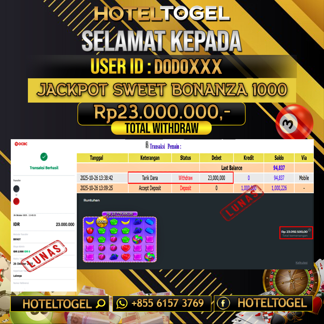 HOTELTOGEL JACKPOT SLOT SWEET BONANZA 1000 Rp.23.000.000 - LUNAS USER ID : DODO***
