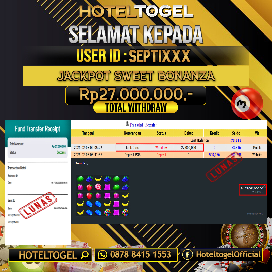 HOTELTOGEL JACKPOT SLOT SWEET BONANZA Rp.27.000.000 - LUNAS USER ID : SEPTI***