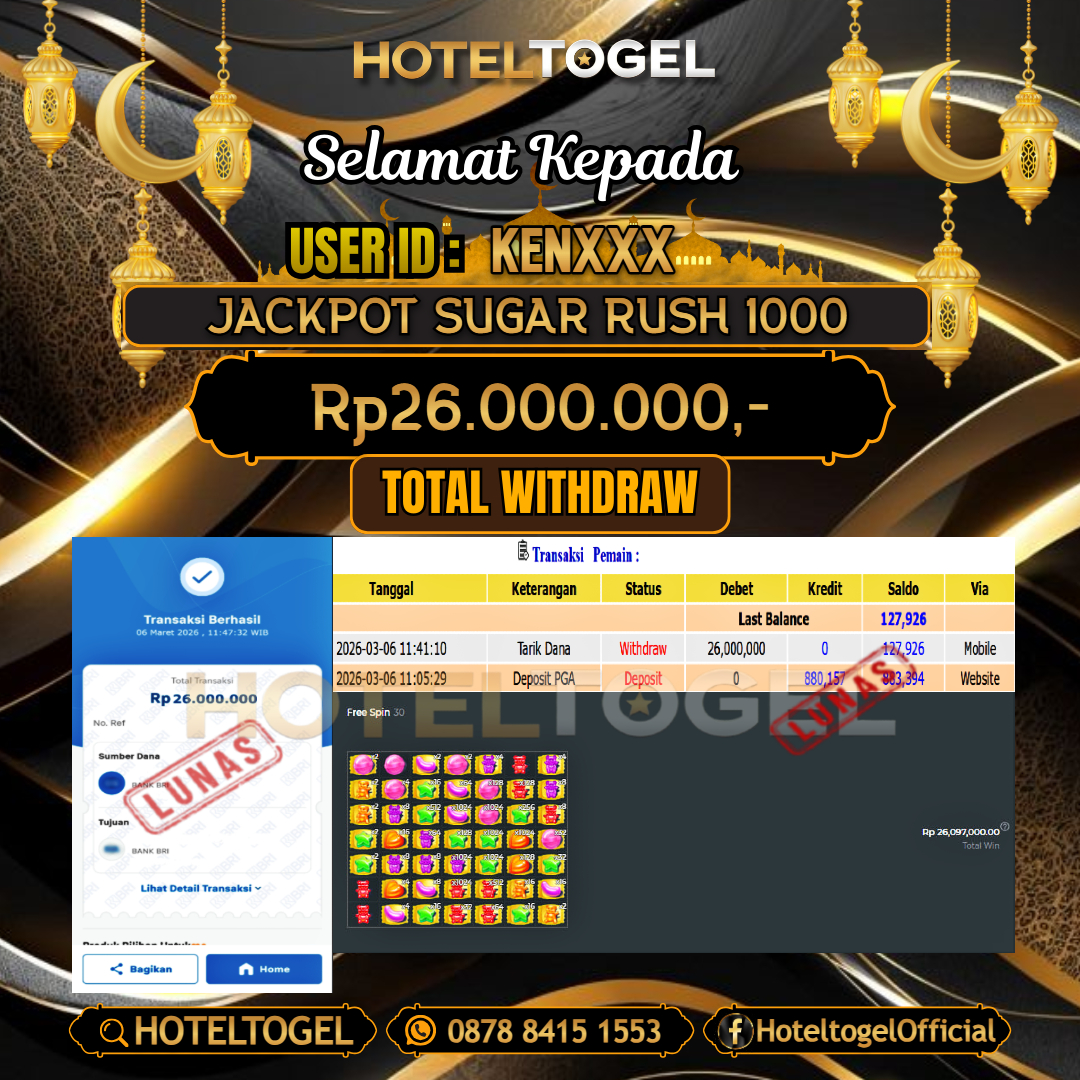 HOTELTOGEL JACKPOT SLOT SUGAR RUSH 1000 Rp.26.000.000 - LUNAS USER ID : KEN***
