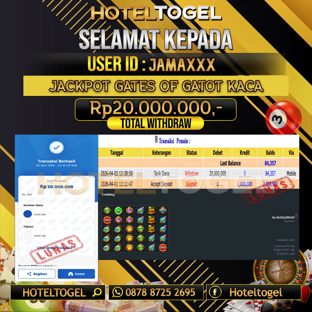 HOTELTOGEL JACKPOT SLOT GATES OF GATOT KACA Rp.20.000.000 - LUNAS USER ID : JAMA***