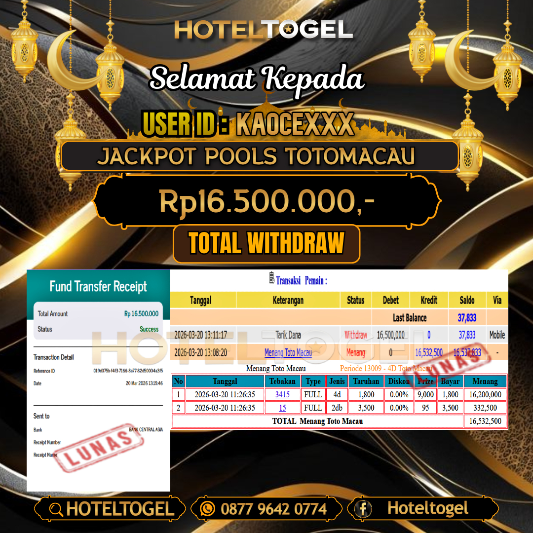 HOTELTOGEL JACKPOT TOGEL TOTOMACAU Rp.16.500.000 - LUNAS USER ID : KAOCE***