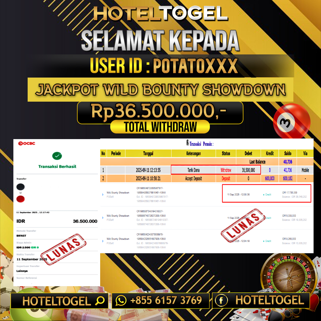 HOTELTOGEL JACKPOT SLOT WILD BOUNTY SHOWDOWN Rp.36.500.000 - LUNAS USER ID : ROSS****