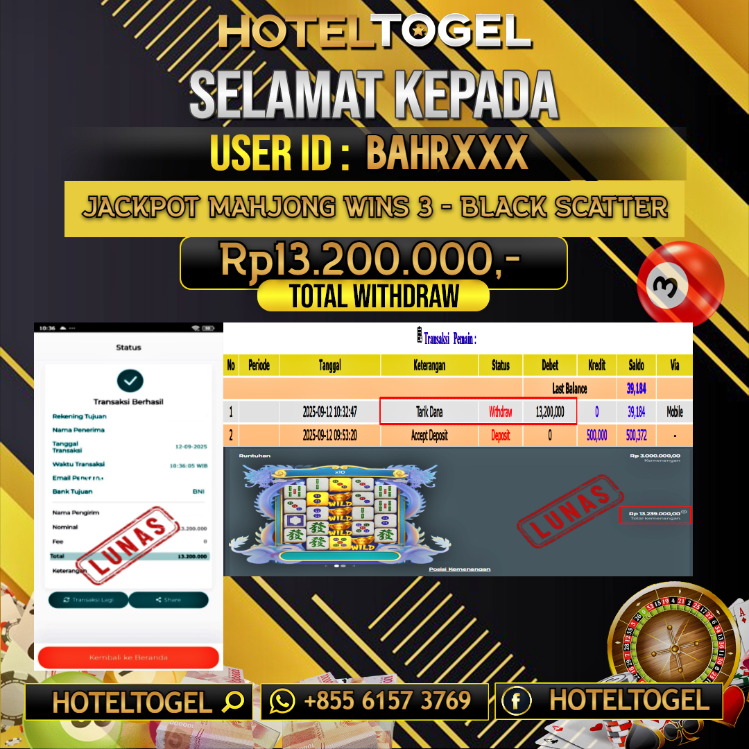 HOTELTOGEL JACKPOT SLOT MAHJONG WINS 3 - BLACK SCATTER Rp.13.200.000 - LUNAS USER ID : BAHR***