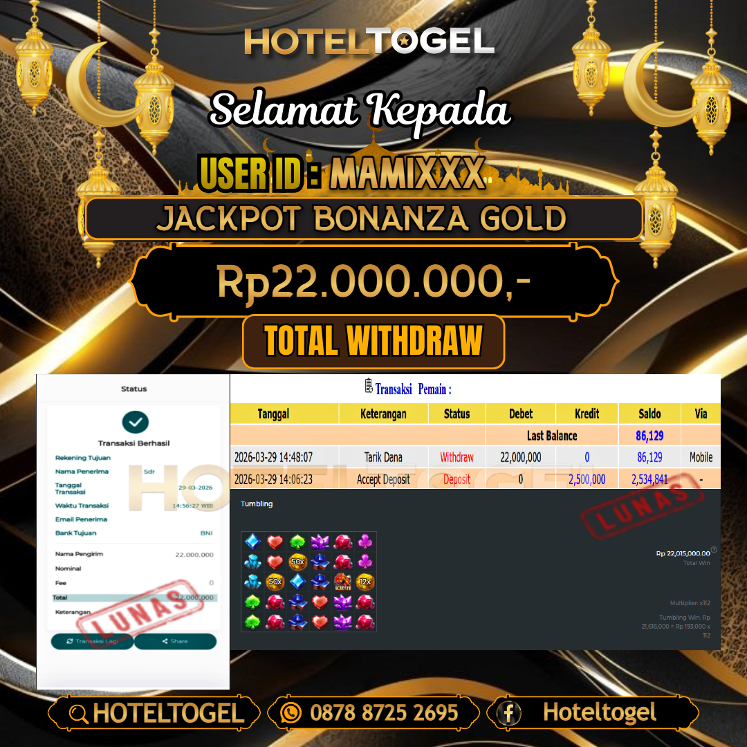 HOTELTOGEL JACKPOT SLOT BONANZA GOLD Rp.22.000.000 - LUNAS USER ID : MAMI***