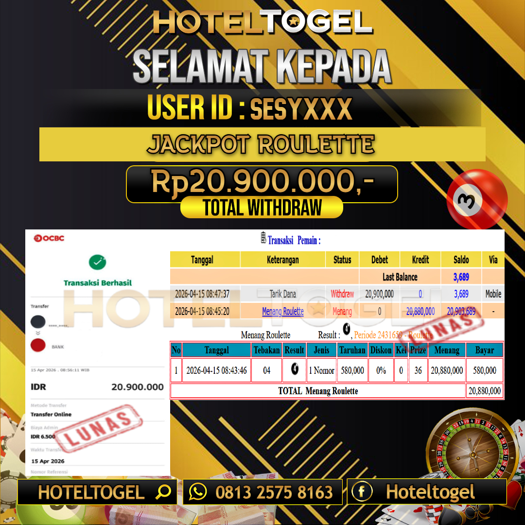 HOTELTOGEL JACKPOT CASINO ROULETTE Rp.20.900.000 - LUNAS USER ID : SESY***