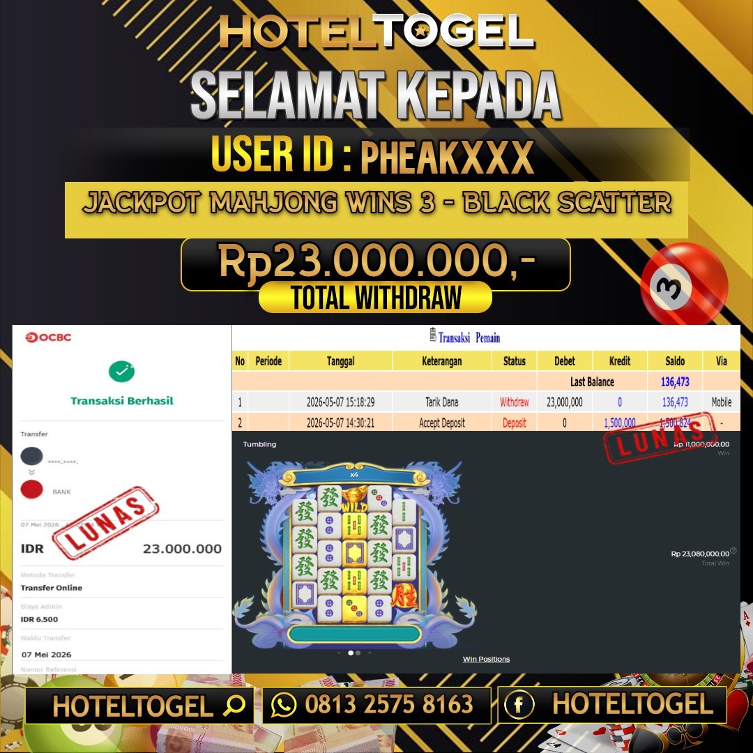 HOTELTOGEL JACKPOT SLOT MAHJONG WINS 3 BLACK SCATTER Rp.23.000.000 - LUNAS USER ID : PHEAK****