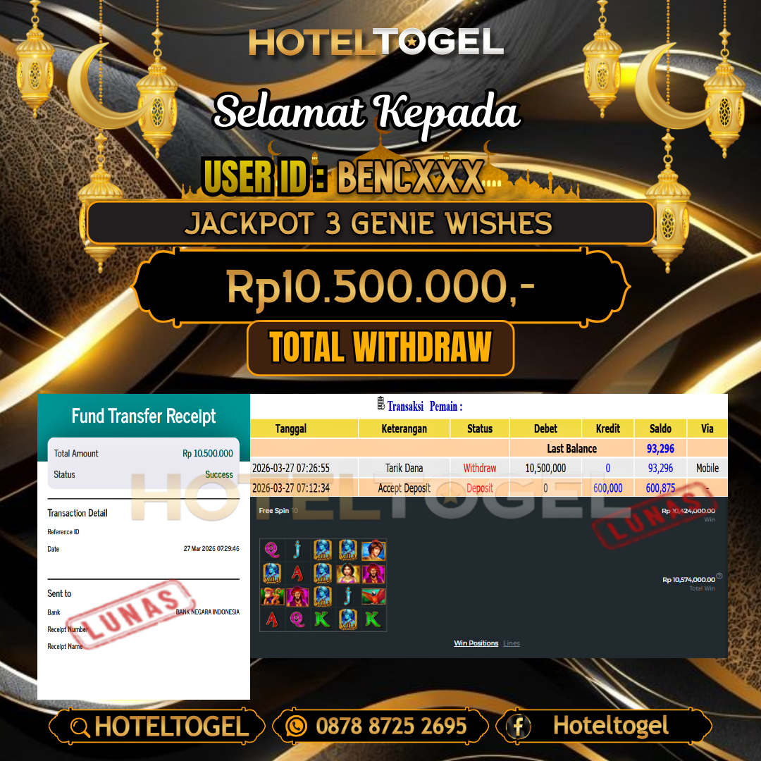 HOTELTOGEL JACKPOT SLOT 3 GENIE WISHES Rp.10.500.000 - LUNAS USER ID : BENC***