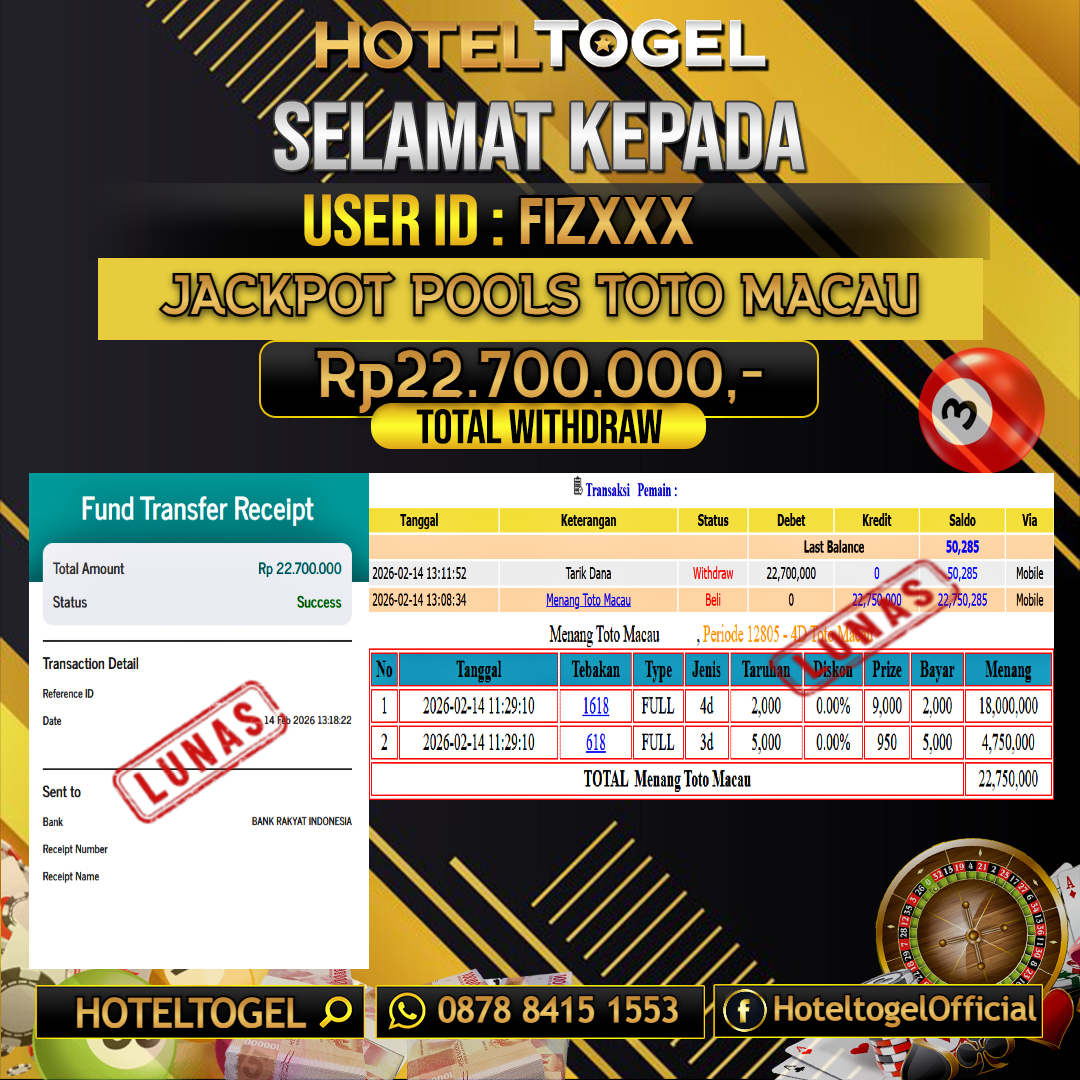HOTELTOGEL JACKPOT TOGEL TOTO MACAU Rp.22.700.000 - LUNAS USER ID : FIZ***