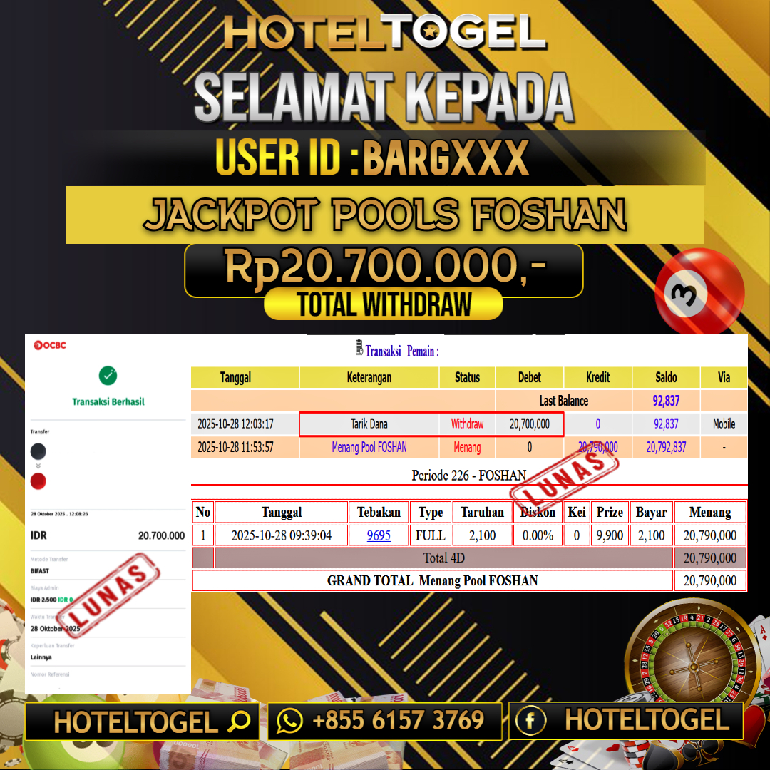HOTELTOGEL JACKPOT POOLS FOSHAN Rp.20.700.000 - LUNAS USER ID : BARG***