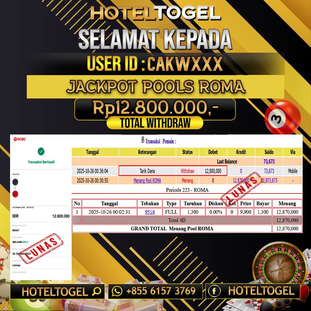 HOTELTOGEL JACKPOT POOLS ROMA Rp.12.800.000 - LUNAS USER ID : CAKW***
