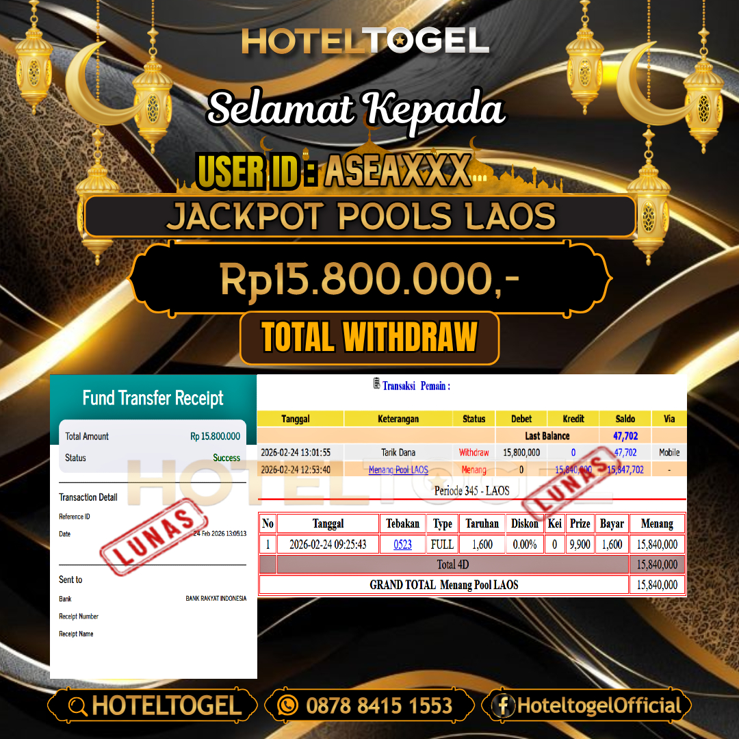 HOTELTOGEL JACKPOT TOGEL LAOS Rp.15.800.000 - LUNAS USER ID : ASEA***
