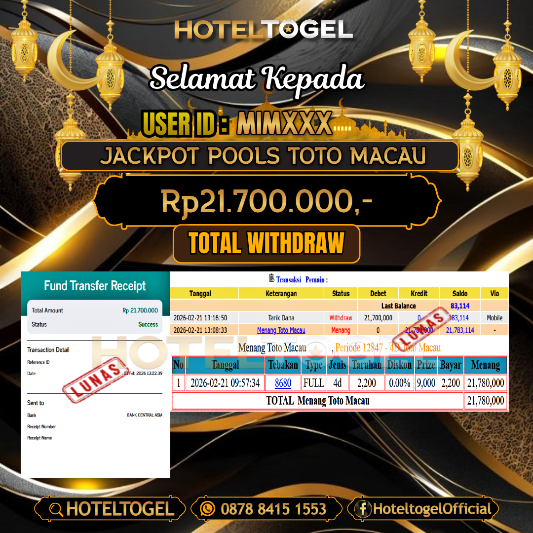 HOTELTOGEL JACKPOT TOGEL TOTO MACAU Rp.21.700.000 - LUNAS USER ID : MIM***