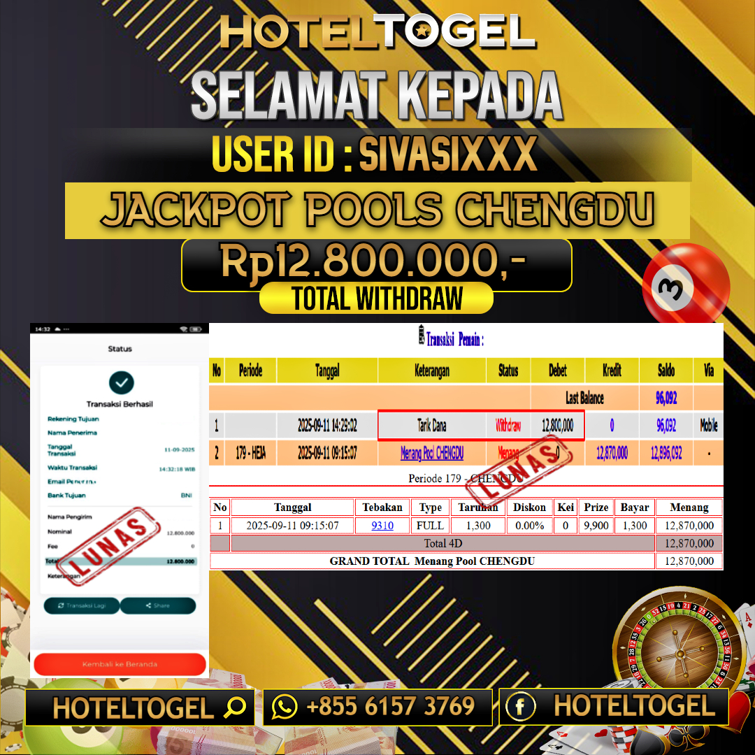 HOTELTOGEL JACKPOT TOGEL CHENGDU Rp.12.800.000 - LUNAS USER ID : SIVASI***