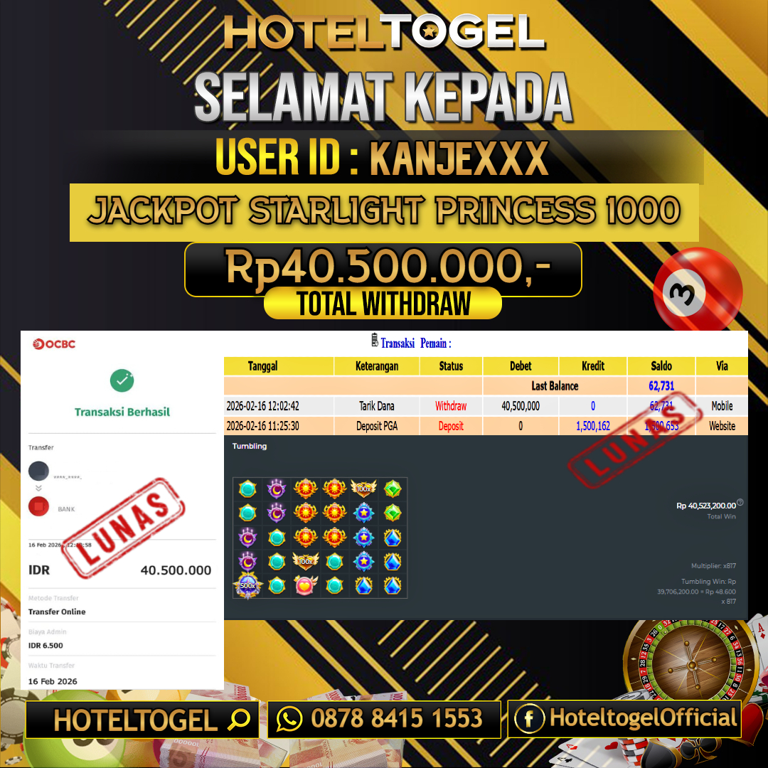 HOTELTOGEL JACKPOT SLOT STARLIGHT PRINCESS 1000 Rp.40.500.000 - LUNAS USER ID : KANJE***