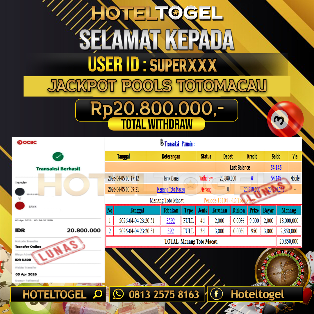 HOTELTOGEL JACKPOT TOGEL TOTOMACAU Rp.20.800.000 - LUNAS USER ID : SUPER***