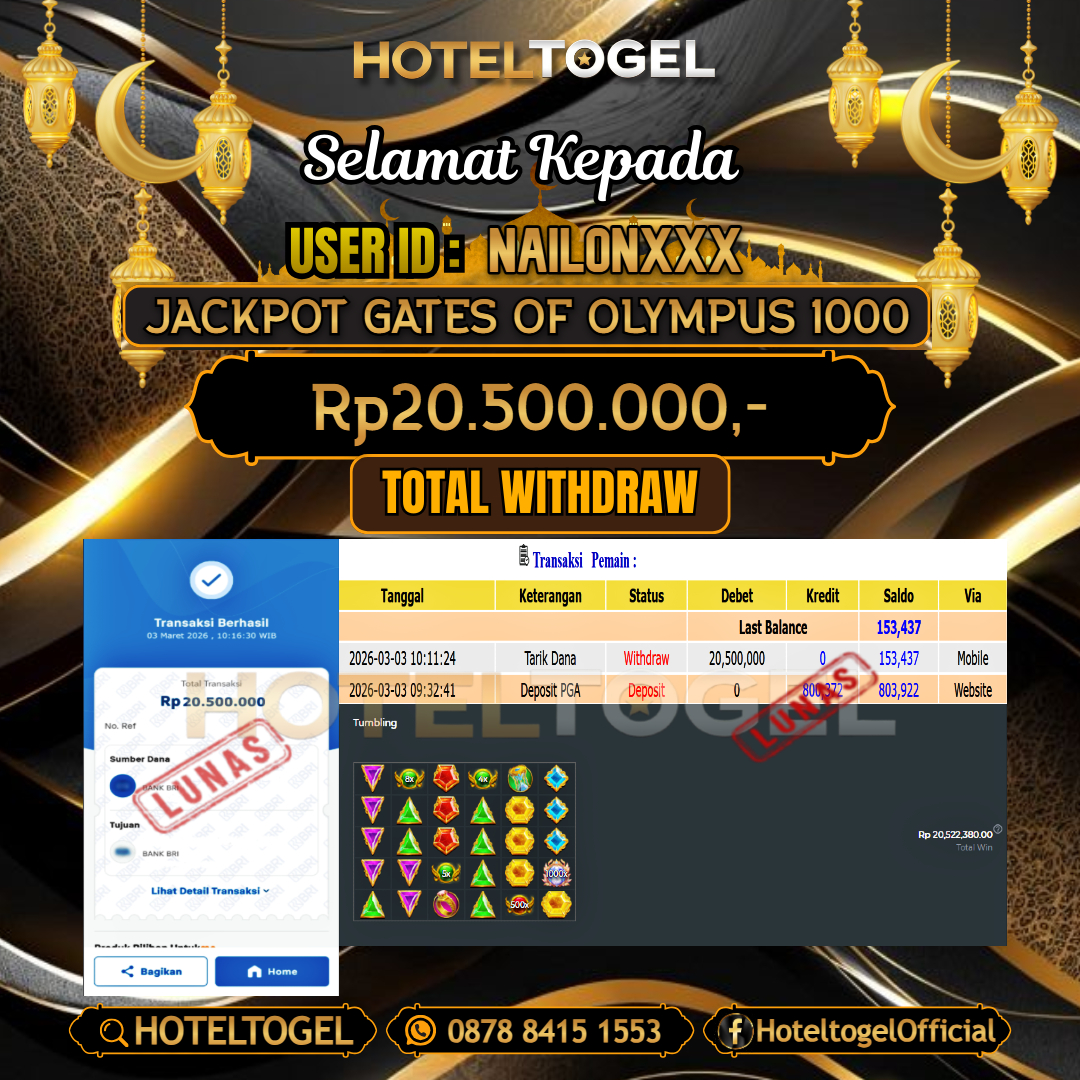 HOTELTOGEL JACKPOT SLOT GATES OF OLYMPUS 1000 Rp.20.500.000 - LUNAS USER ID : NAILON***