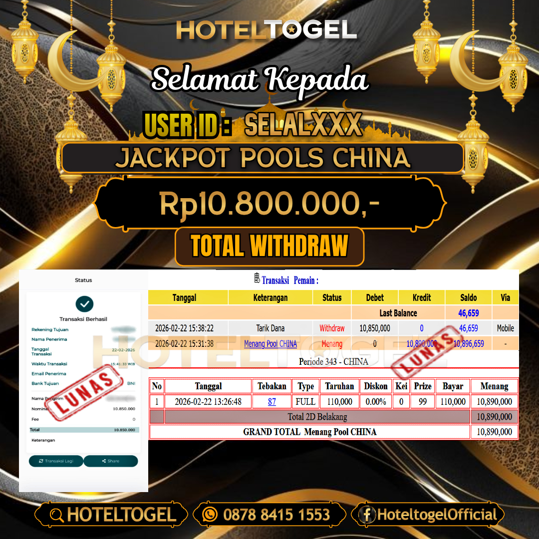 HOTELTOGEL JACKPOT TOGEL CHINA Rp.10.800.000 - LUNAS USER ID : SELAL***