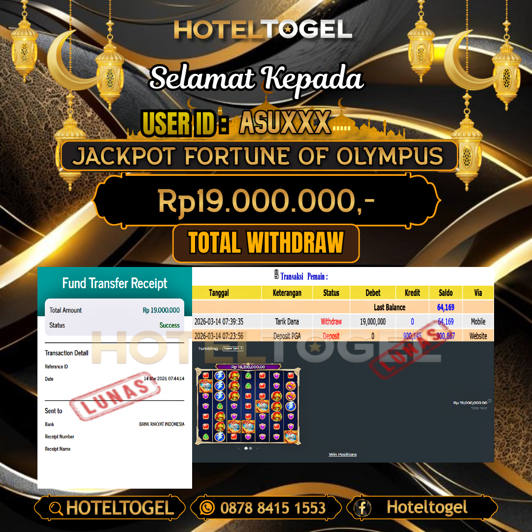 HOTELTOGEL JACKPOT SLOT FORTUNE OF OLYMPUS Rp.19.000.000 - LUNAS USER ID : ASU***