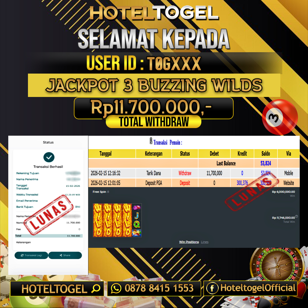 HOTELTOGEL JACKPOT SLOT 3 BUZZING WILDS Rp.11.700.000 - LUNAS USER ID : T0G***
