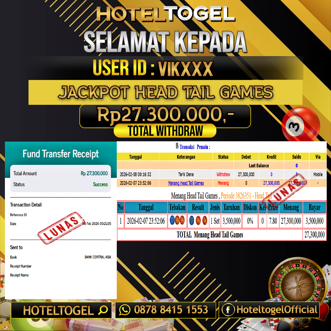 HOTELTOGEL JACKPOT CASINO HEAD TAIL GAMES Rp.27.300.000 - LUNAS USER ID : VIK***