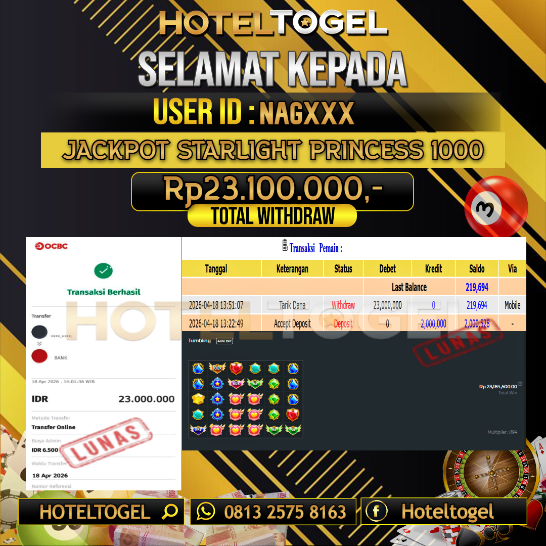 HOTELTOGEL JACKPOT SLOT STARLIGHT PRINCESS 1000 Rp.23.100.000 - LUNAS USER ID : NAG***